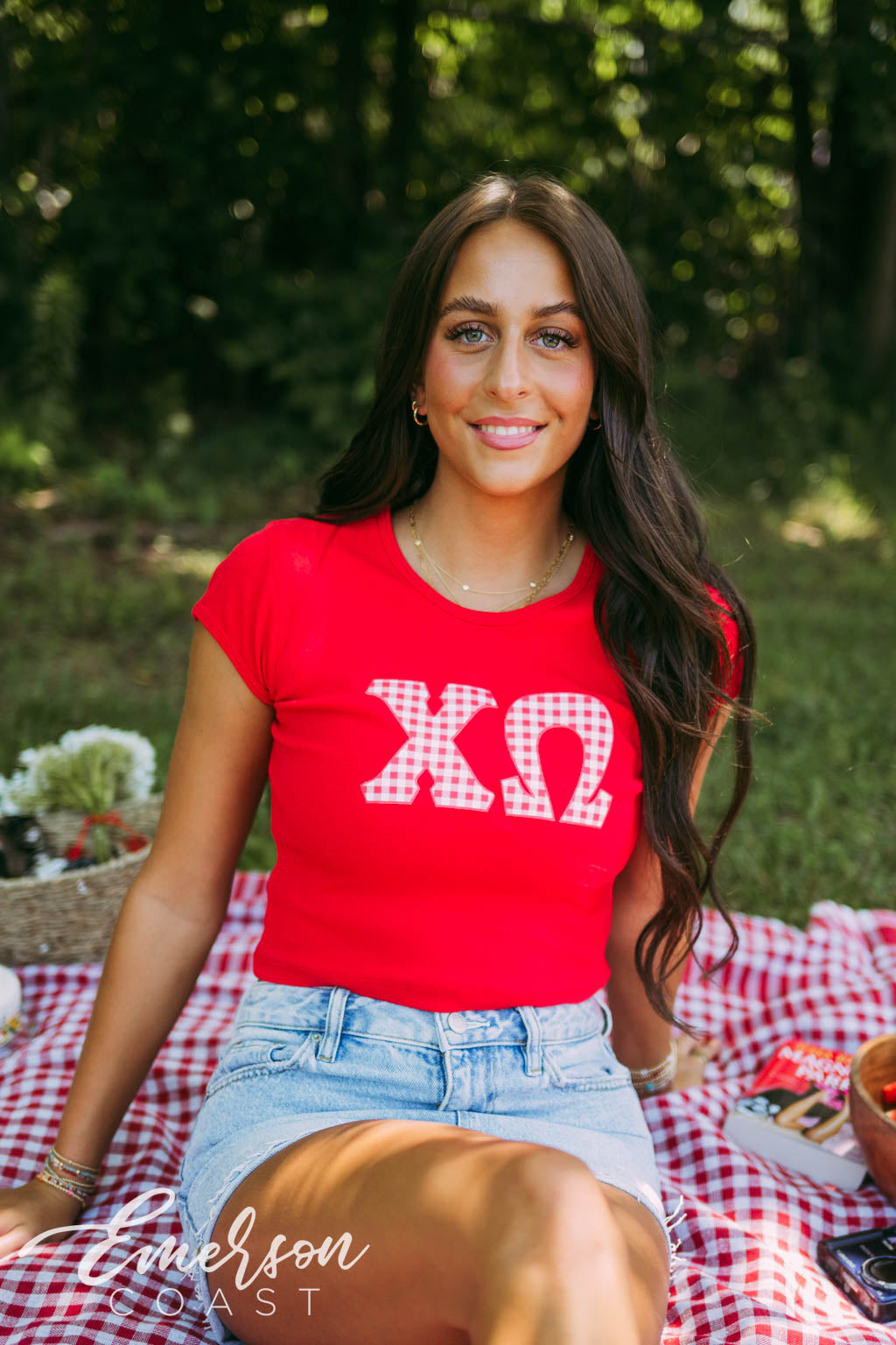 Chi O Red Gingham Letter Baby Tee