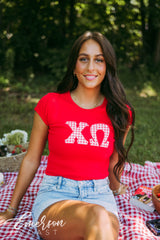 Chi O Red Gingham Letter Baby Tee