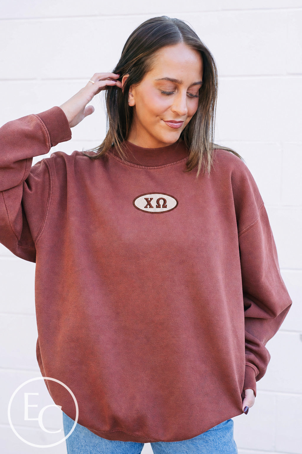 Chi Omega Cream Oval Embroidered Patch Dark Maroon Mockneck