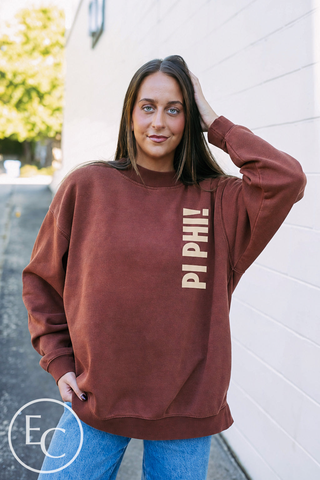 Pi Beta Phi Vertical Letter Dark Maroon Mockneck