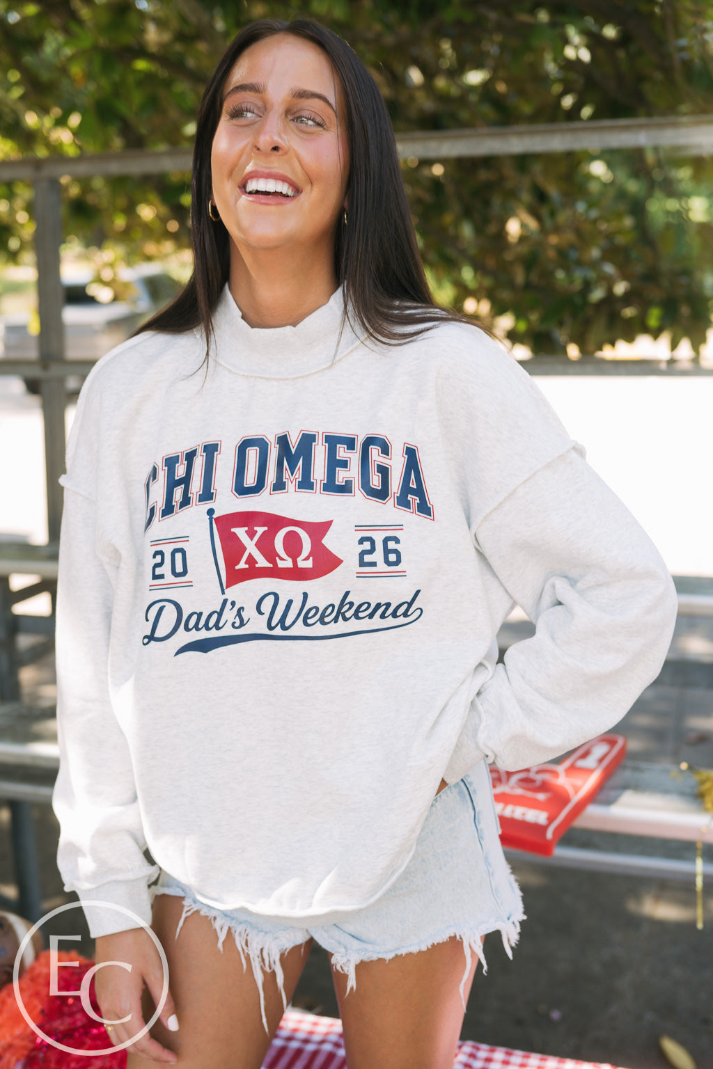 Chi Omega Dad's Weekend Light Gray Reversible Mockneck