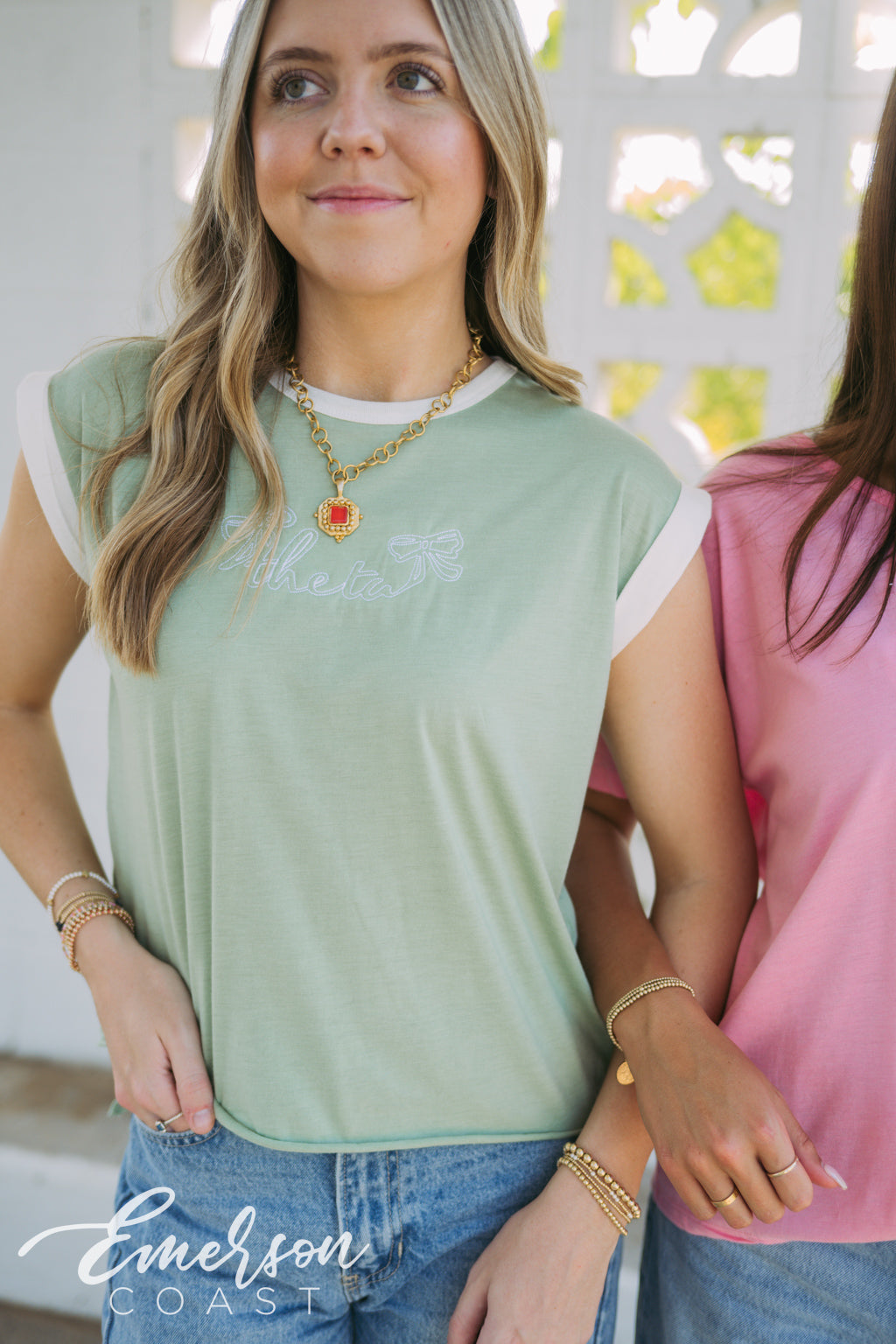 Theta Sage Embroidered Rolled Cuff Tee