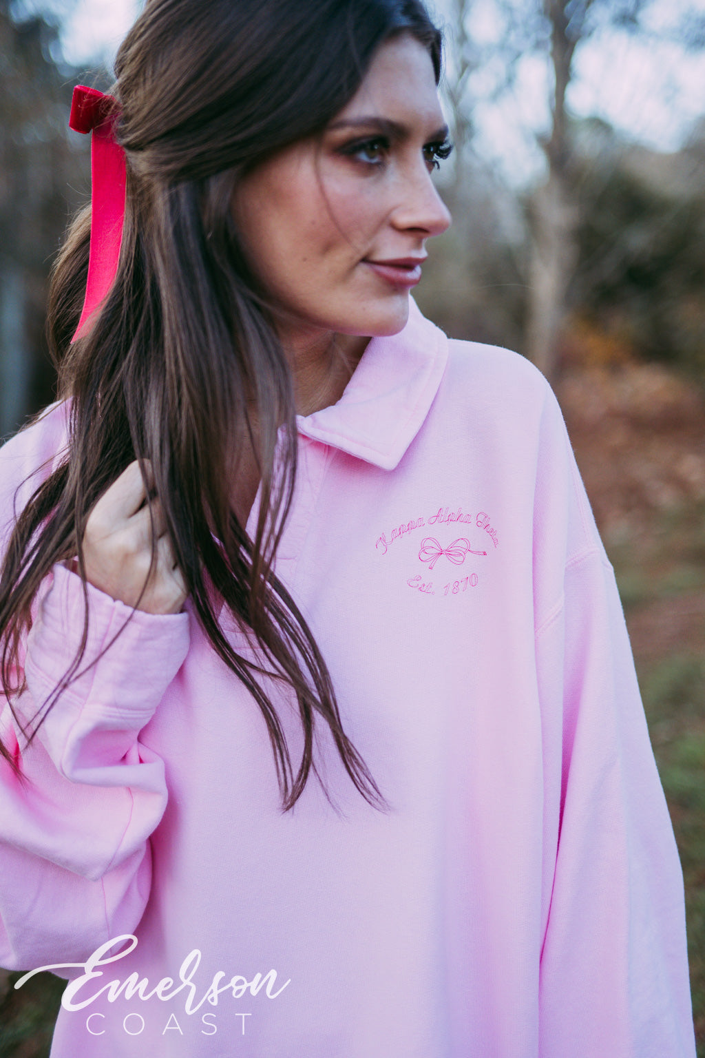 Theta Pink Bow Oversized Collared Crew