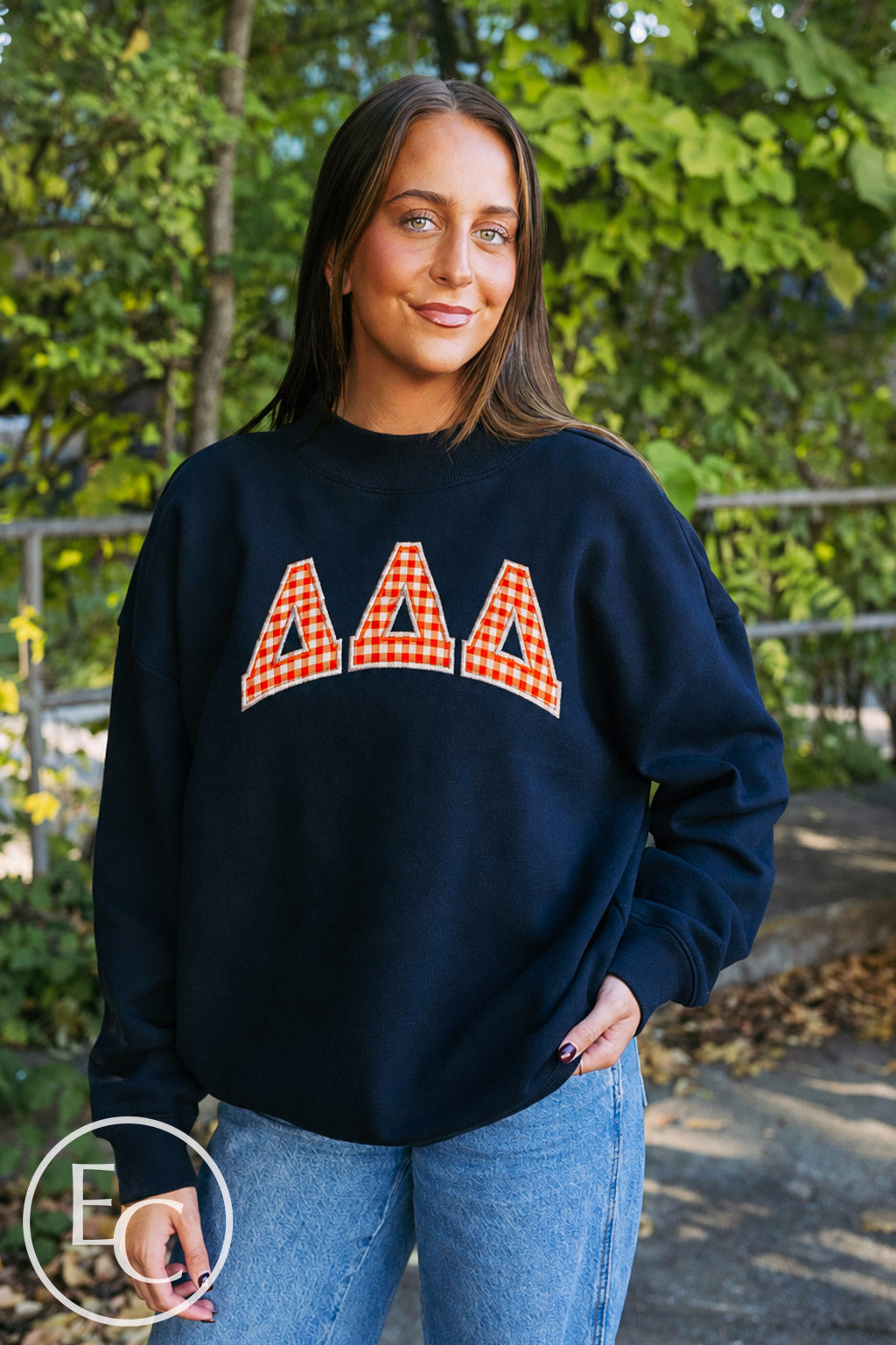 Tri Delta Orange Gingham Applique Mockneck
