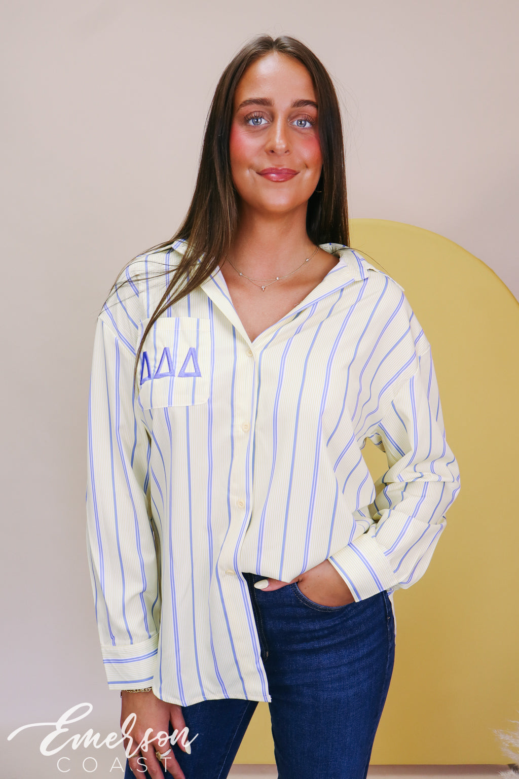 Tri Delta Light Yellow Stripe Button Down Shirt