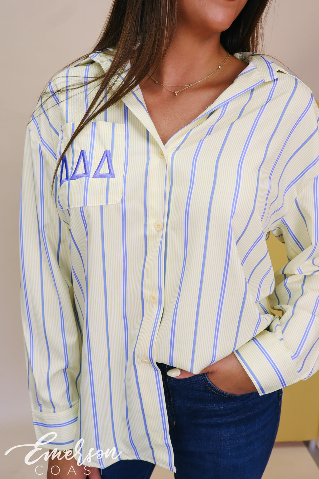 Tri Delta Light Yellow Stripe Button Down Shirt