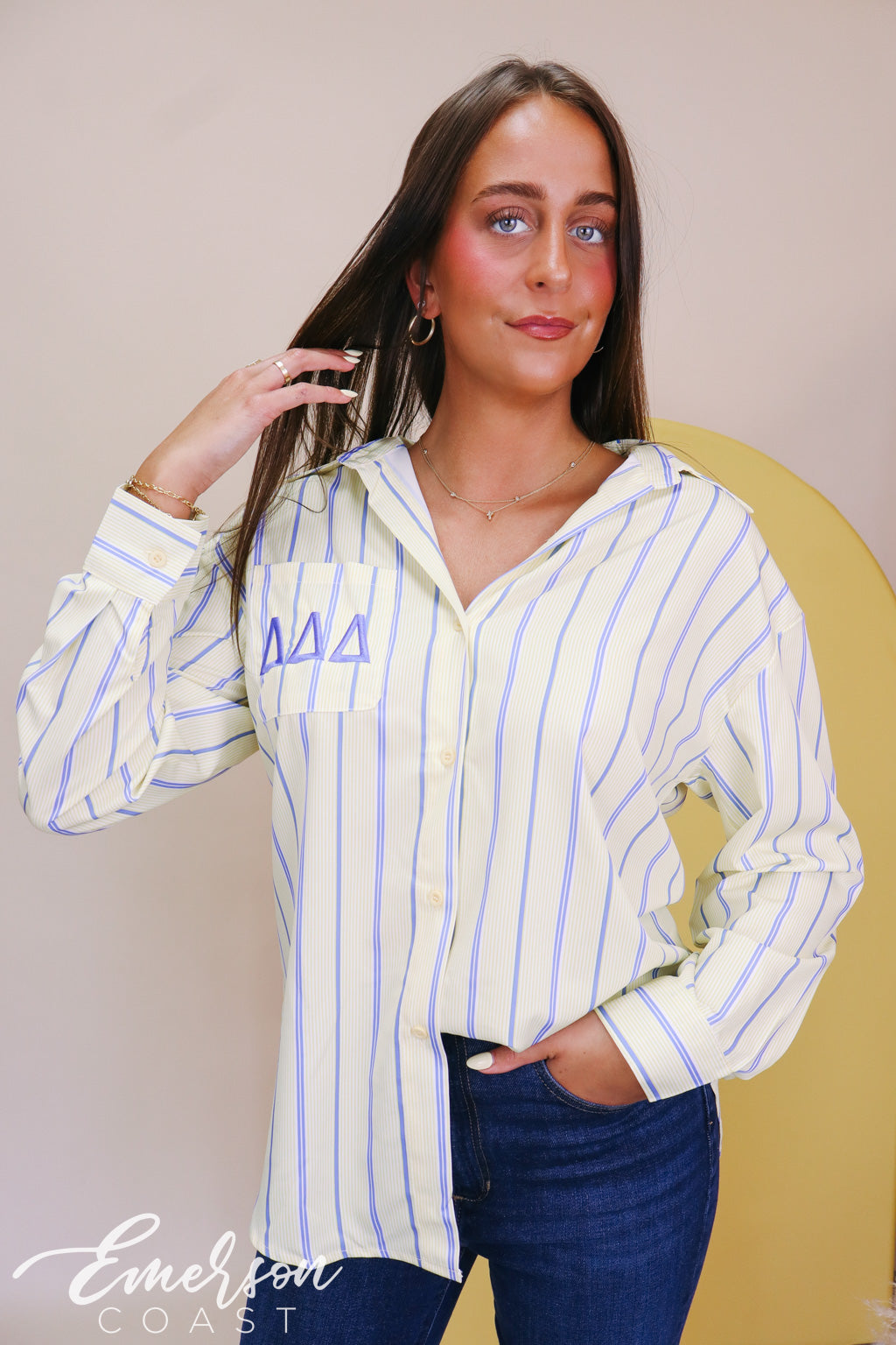 Tri Delta Light Yellow Stripe Button Down Shirt