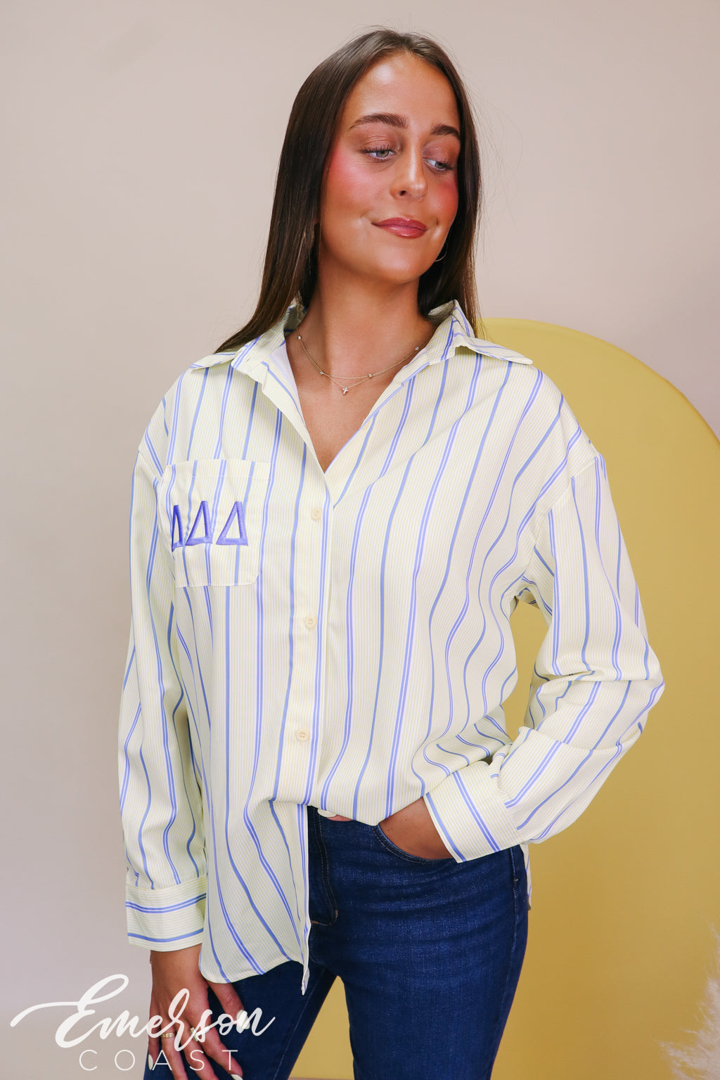 Tri Delta Light Yellow Stripe Button Down Shirt