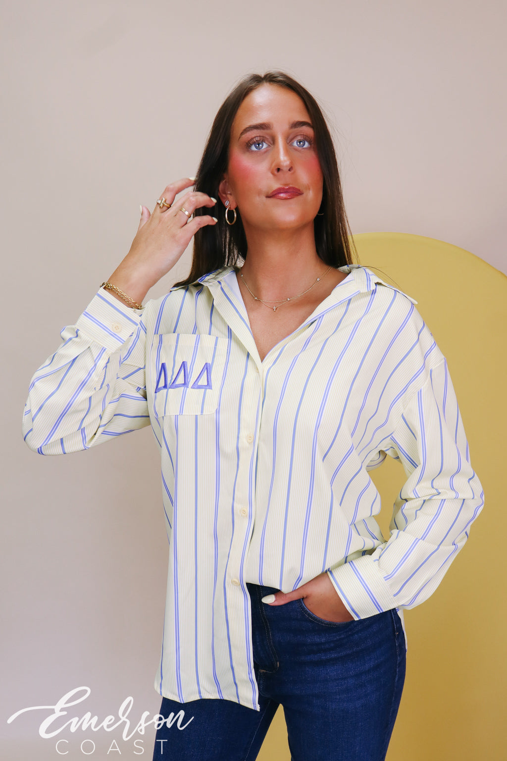 Tri Delta Embroidered Light Yellow Button Down