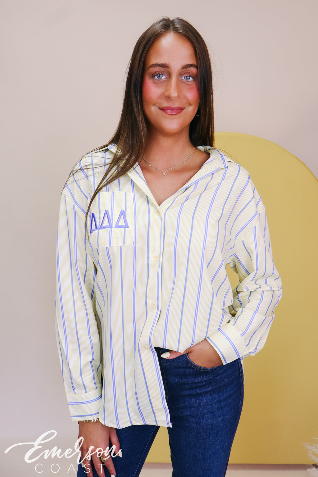 Tri Delta Light Yellow Stripe Button Down Shirt