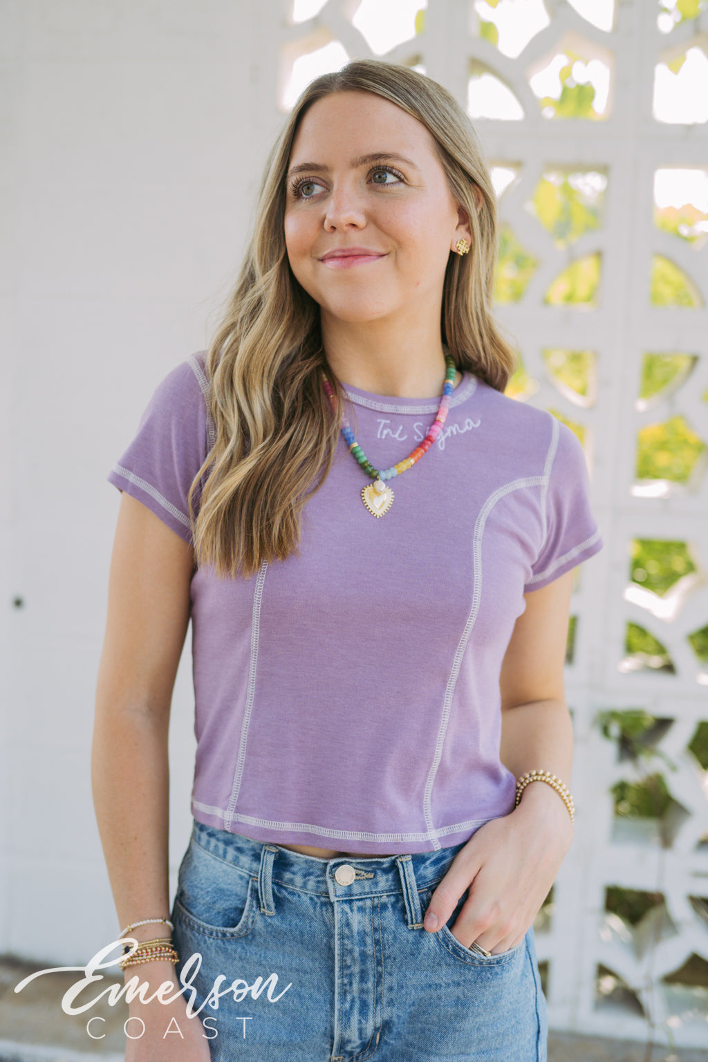 Tri Sigma Lavender Embroidered Sculpt Baby Tee