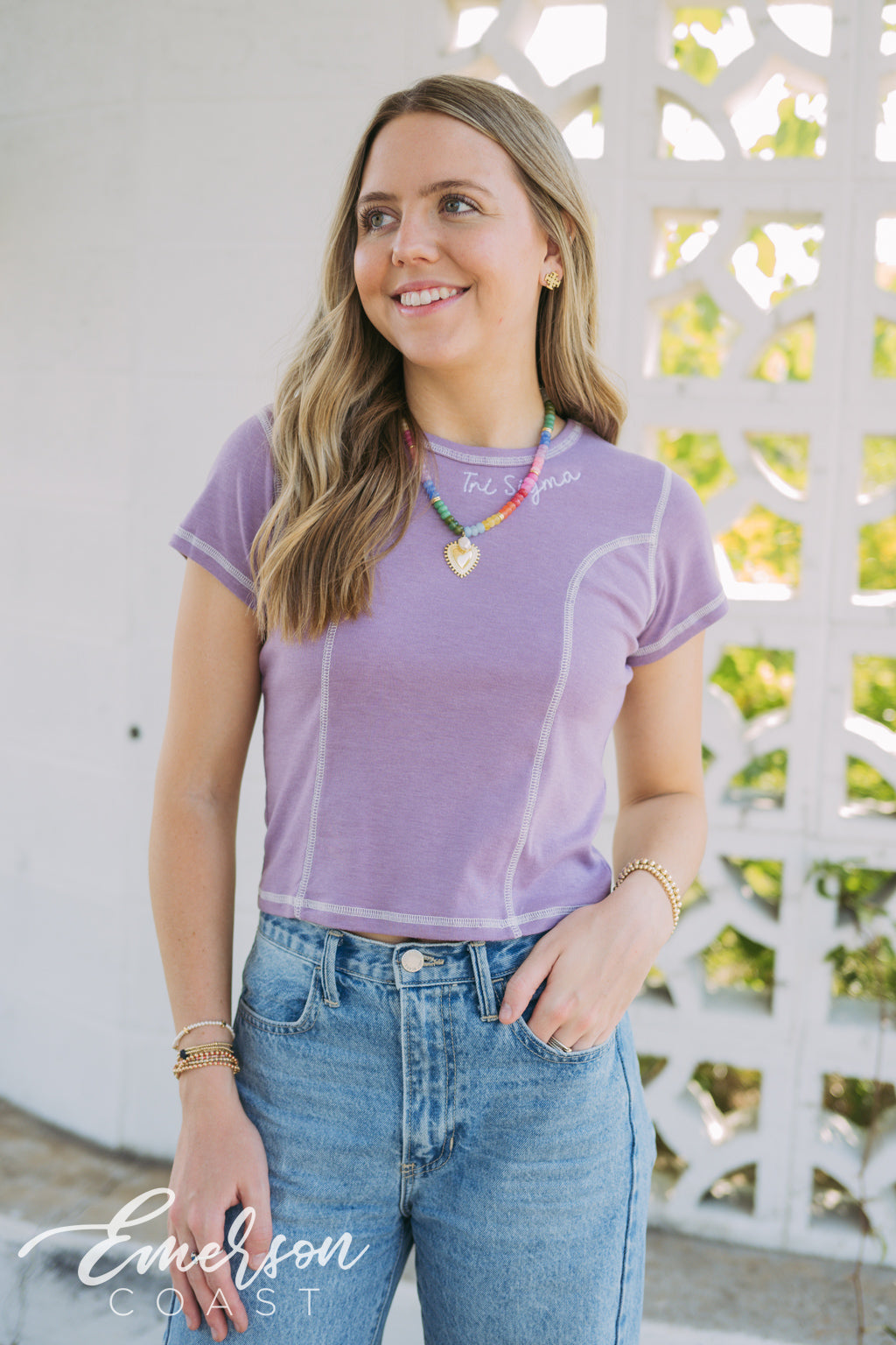 Tri Sigma Lavender Embroidered Sculpt Baby Tee