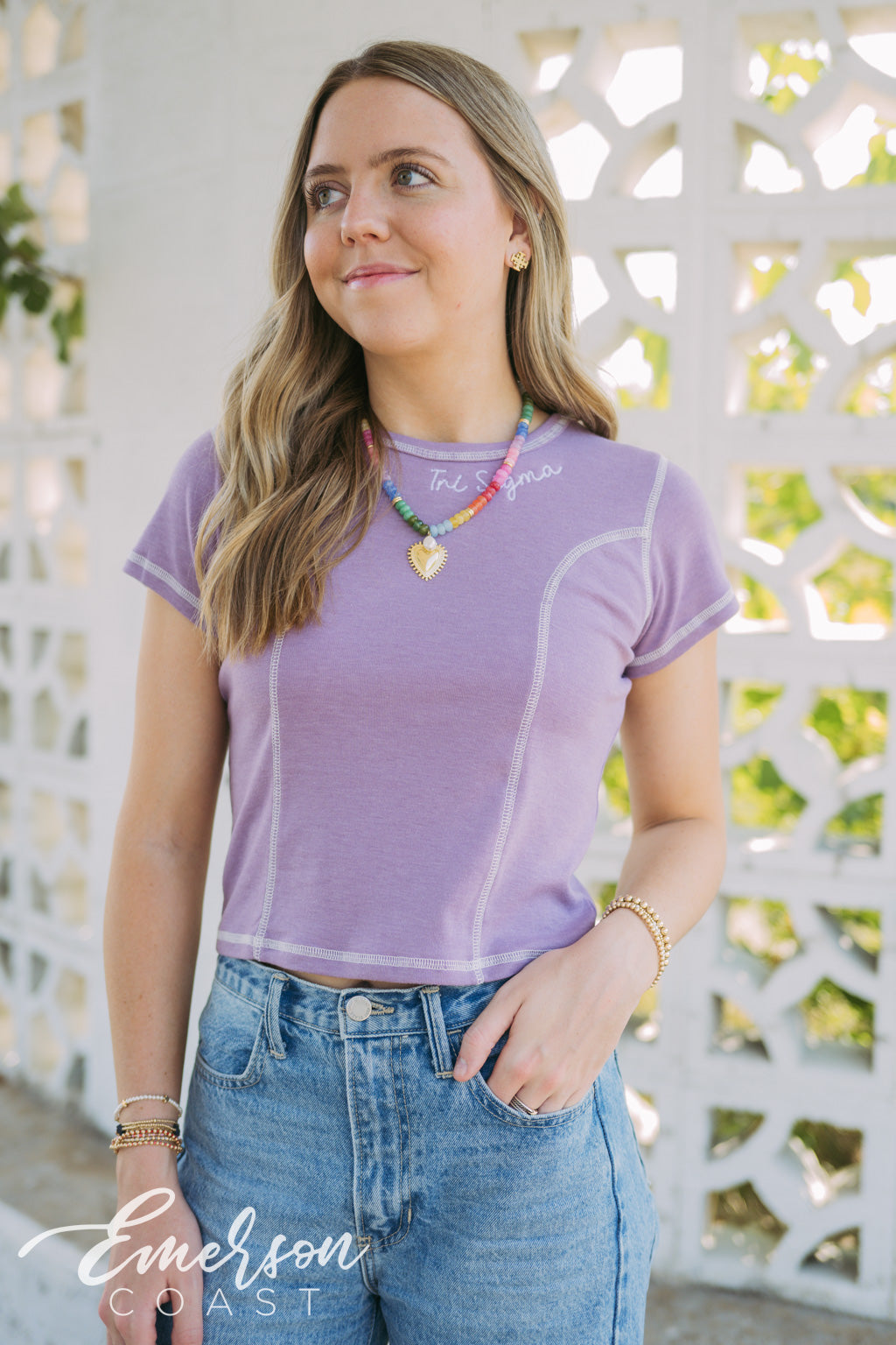 Tri Sigma Lavender Embroidered Sculpt Baby Tee