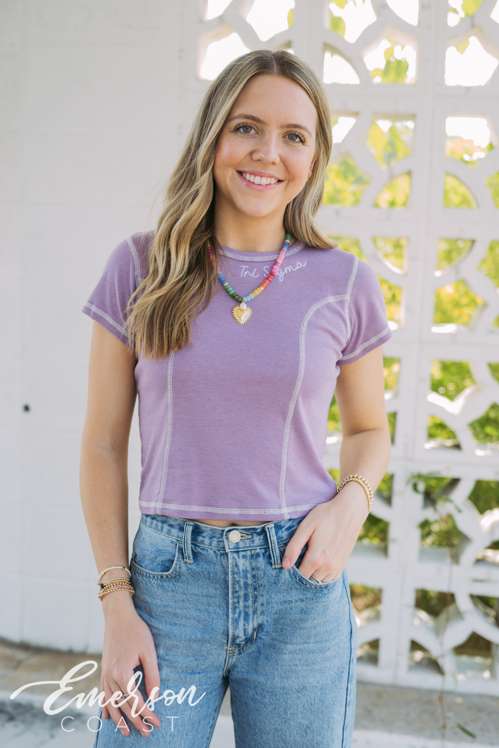 Tri Sigma Lavender Embroidered Sculpt Baby Tee