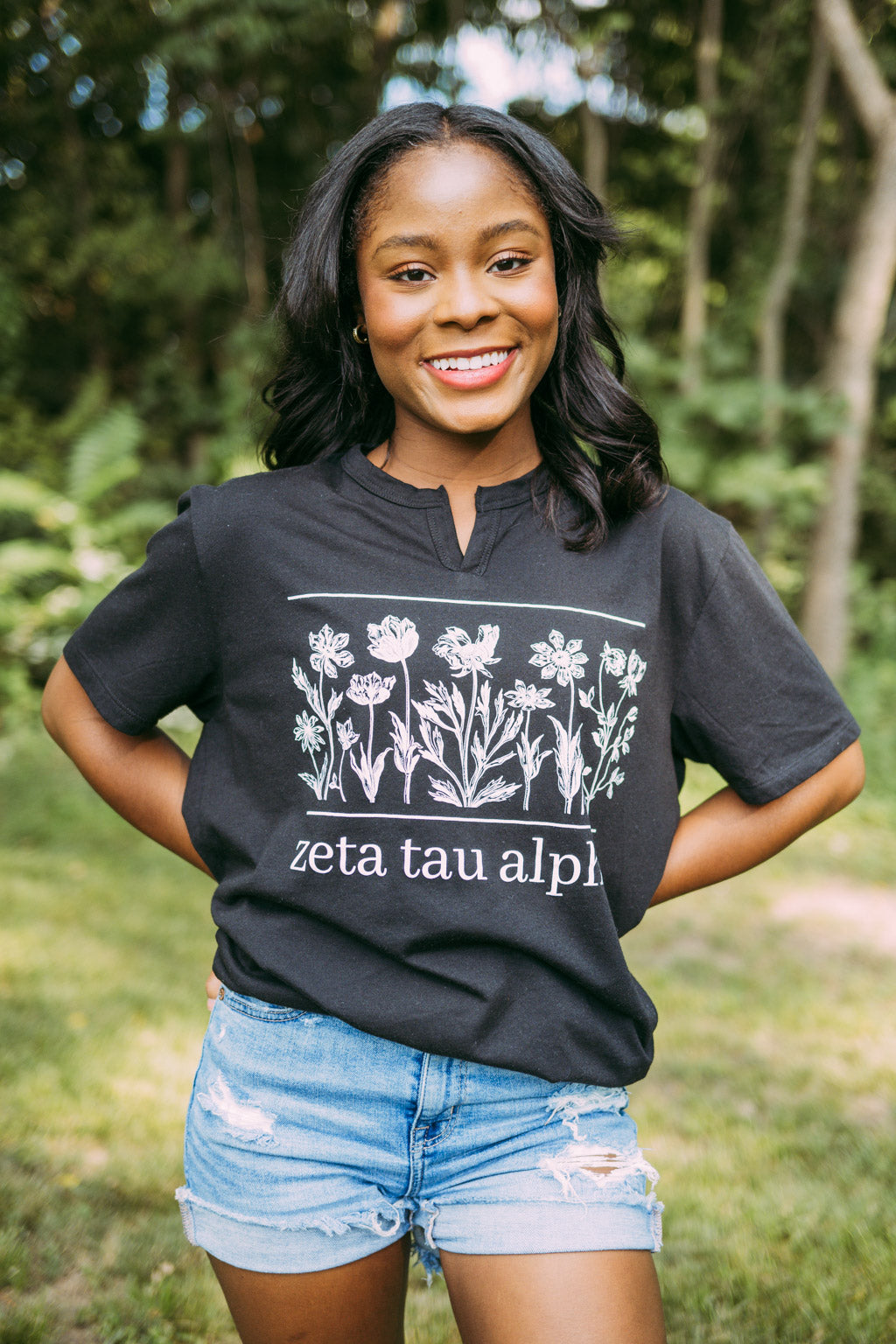 Zeta Floral Black Notch Tee