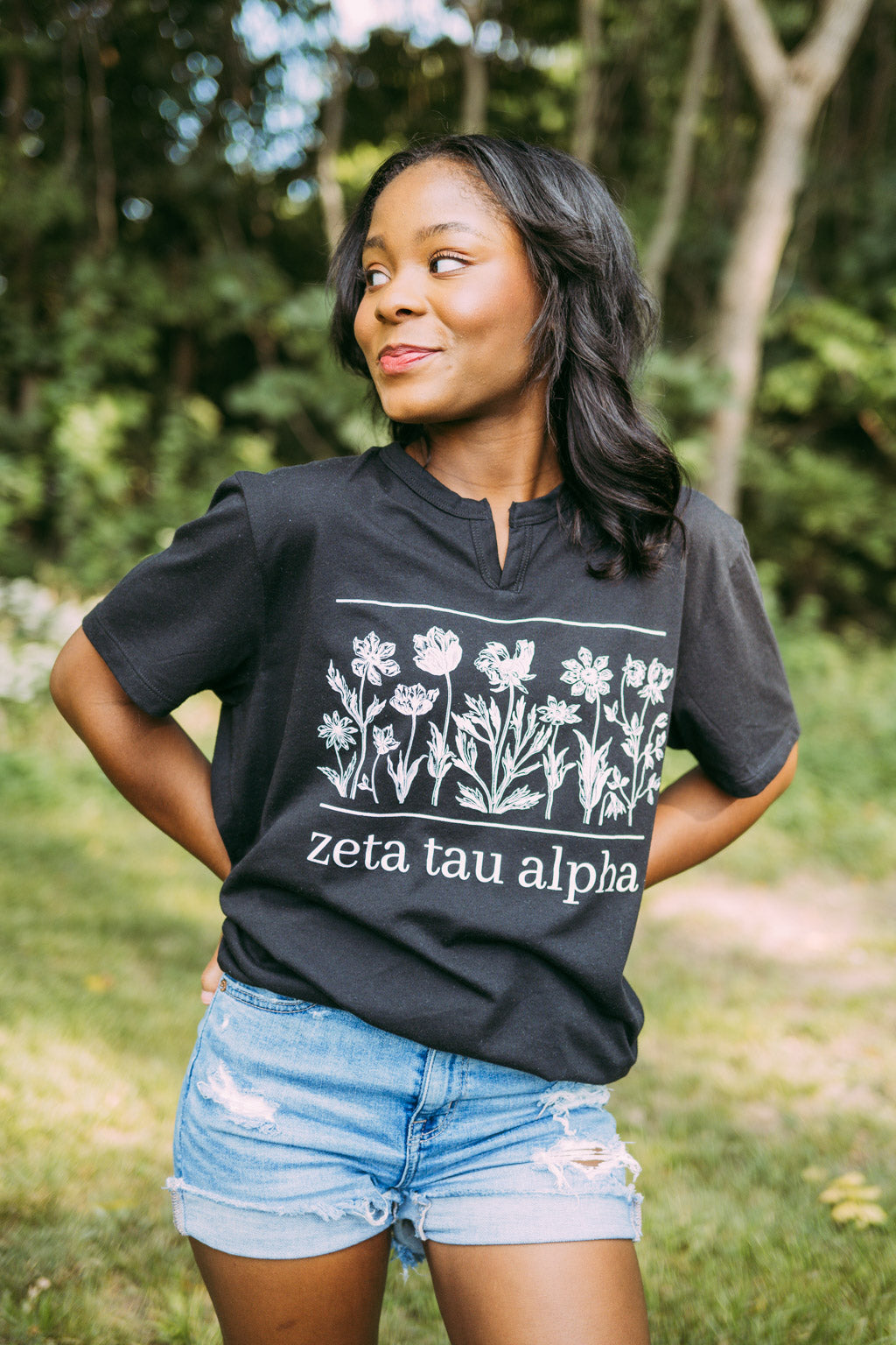 Zeta Floral Black Notch Tee
