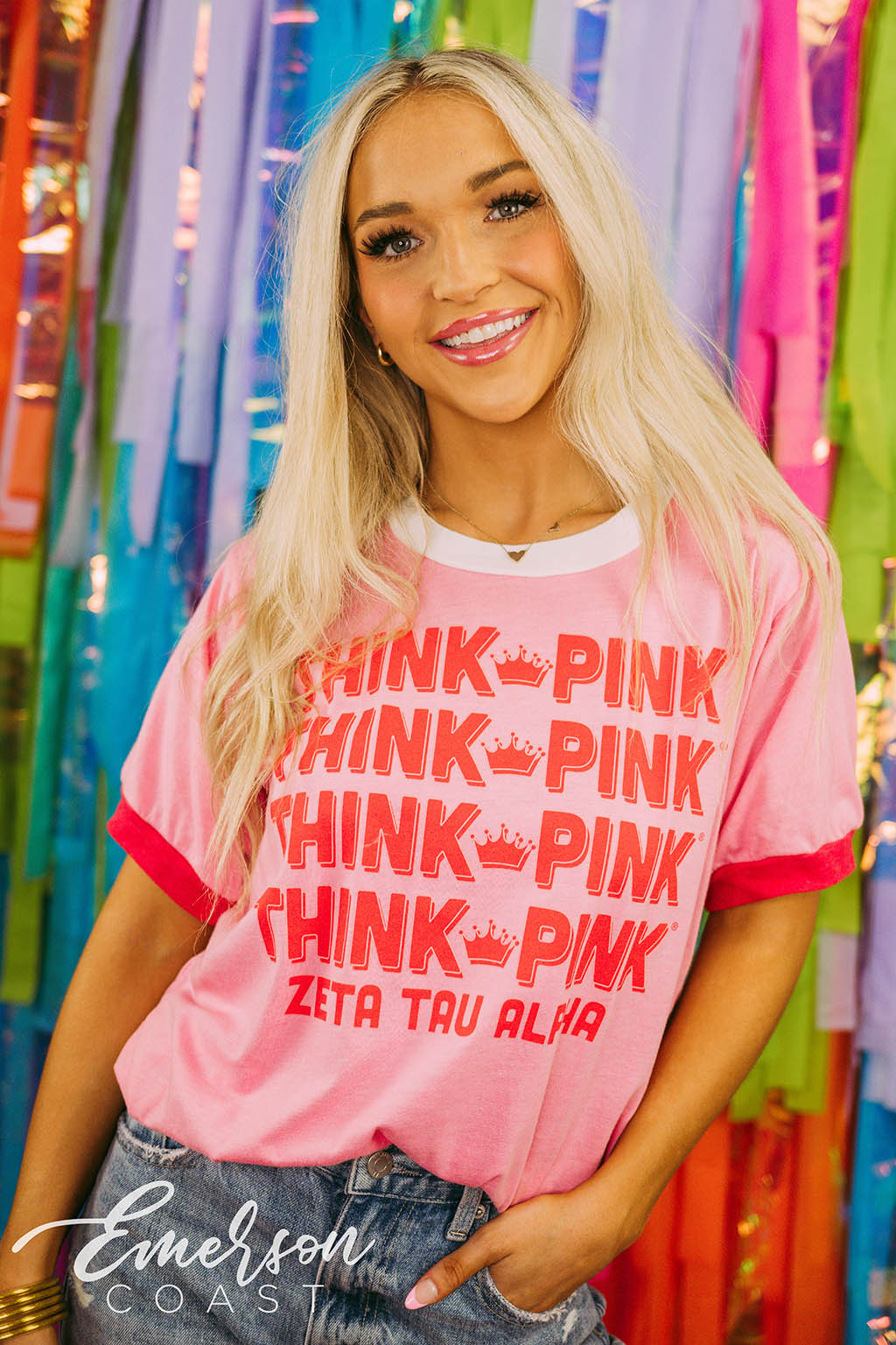 Zeta Tau Alpha Philanthropy Think Pink Repeating Colorblock Ringer
