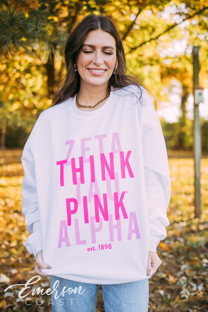 Zeta Stacked Letters Think Pink Crewneck