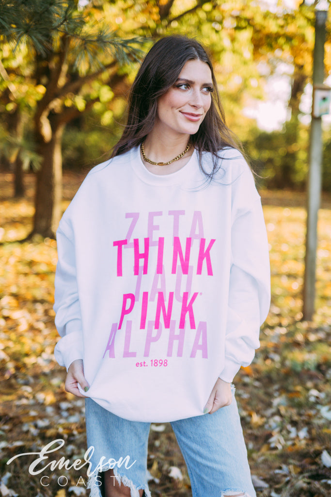 Zeta Stacked Letters Think Pink Crewneck