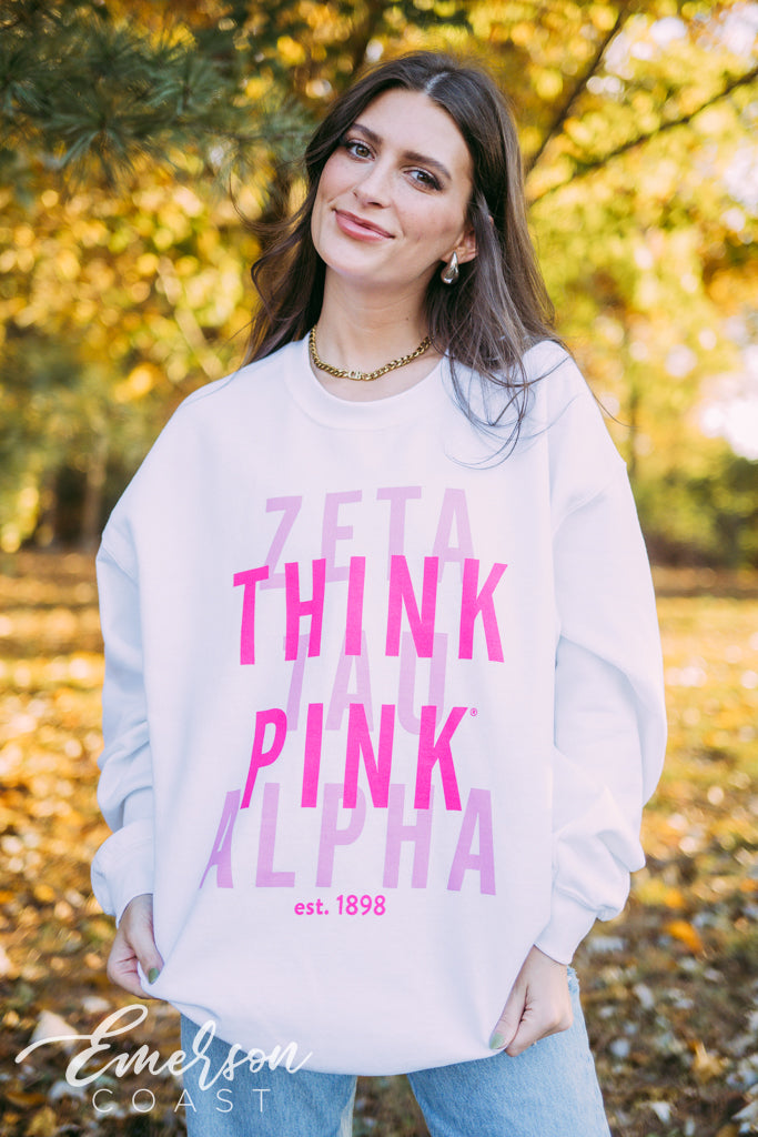 Zeta Stacked Letters Think Pink Crewneck