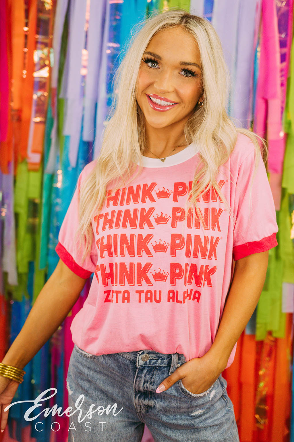 Zeta Tau Alpha Philanthropy Think Pink Repeating Colorblock Ringer