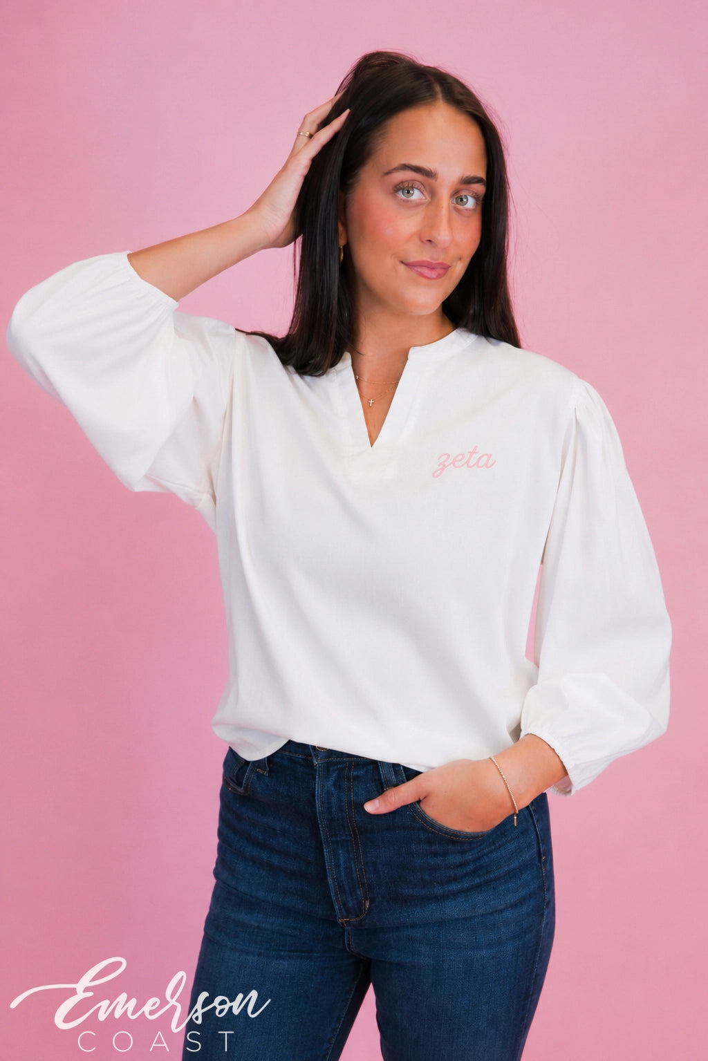 Zeta White Puff Sleeve Vneck Blouse