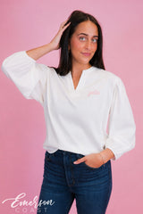 Zeta White Puff Sleeve Vneck Blouse