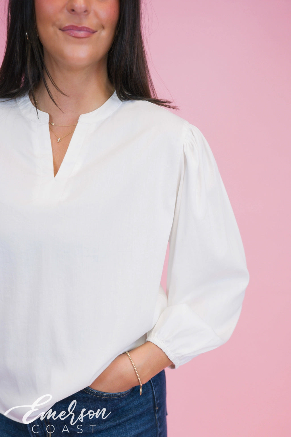 Zeta White Puff Sleeve Vneck Blouse