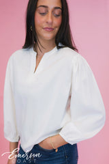Zeta White Puff Sleeve Vneck Blouse