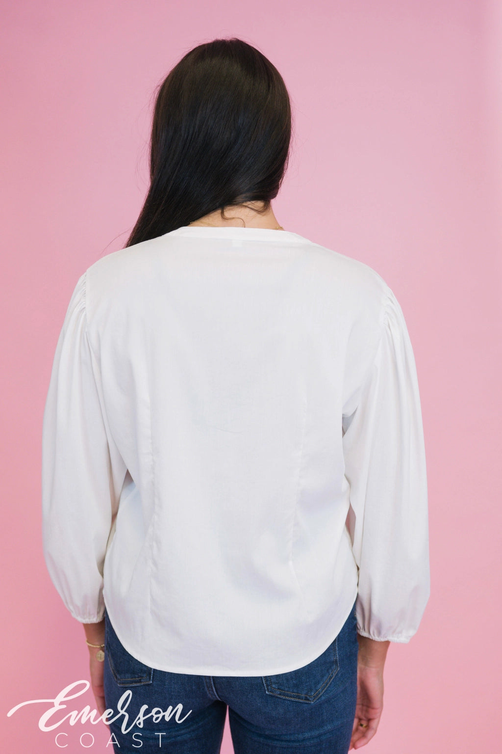 Zeta White Puff Sleeve Vneck Blouse
