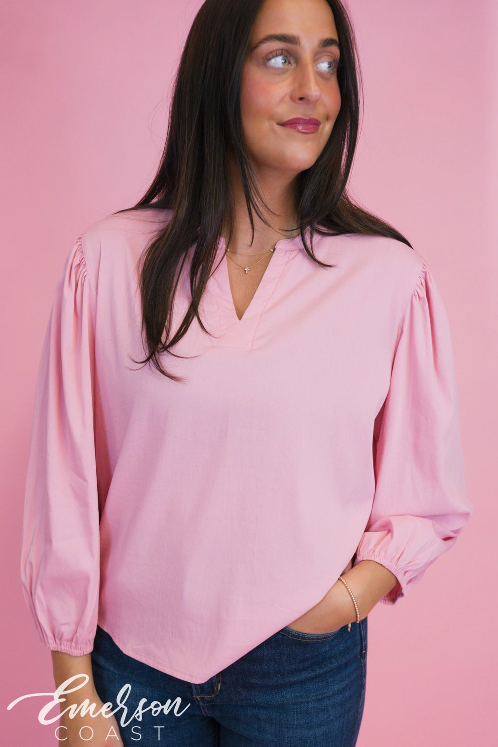 ZTA Pink Puff Sleeve Vneck Blouse