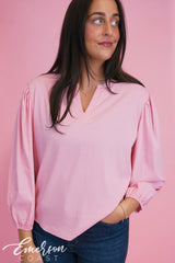 ZTA Pink Puff Sleeve Vneck Blouse