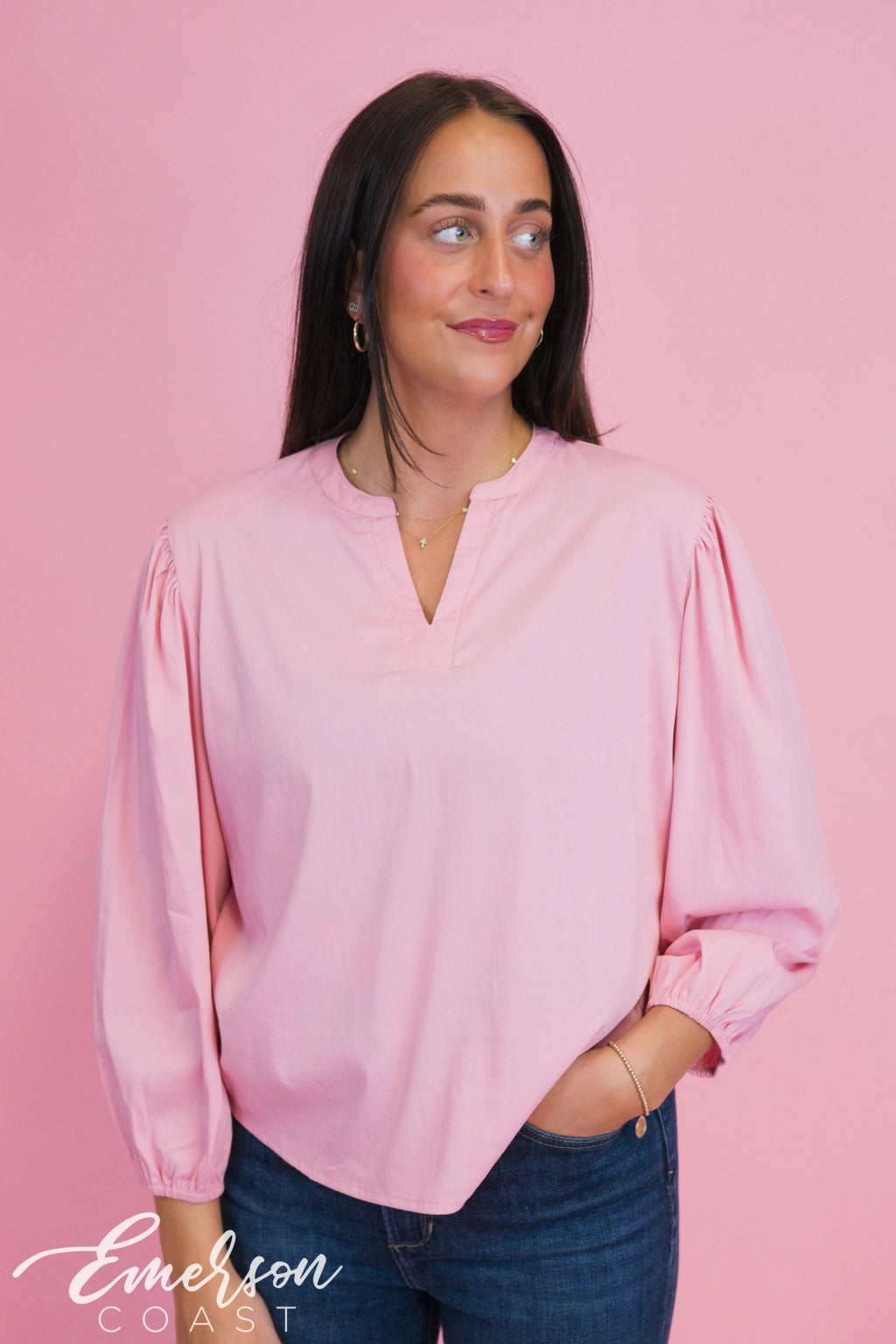 ZTA Pink Puff Sleeve Vneck Blouse