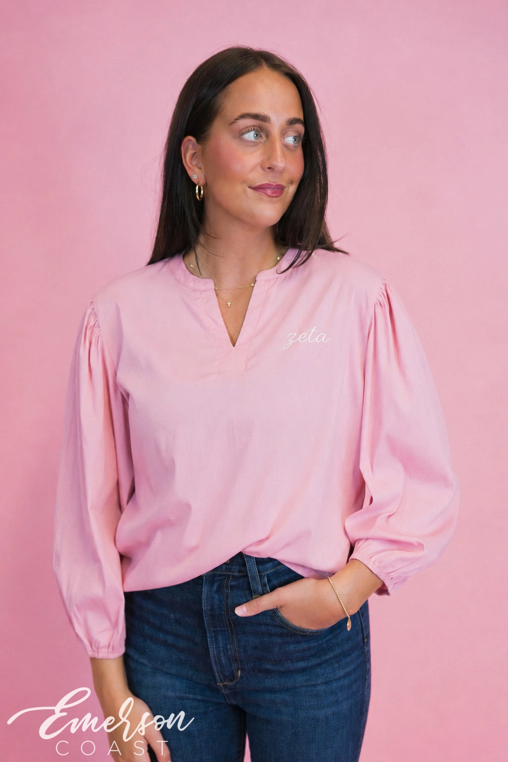 ZTA Pink Puff Sleeve Vneck Blouse