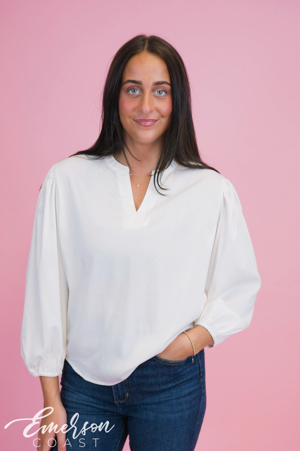 Zeta White Puff Sleeve Vneck Blouse