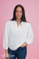 Zeta White Puff Sleeve Vneck Blouse