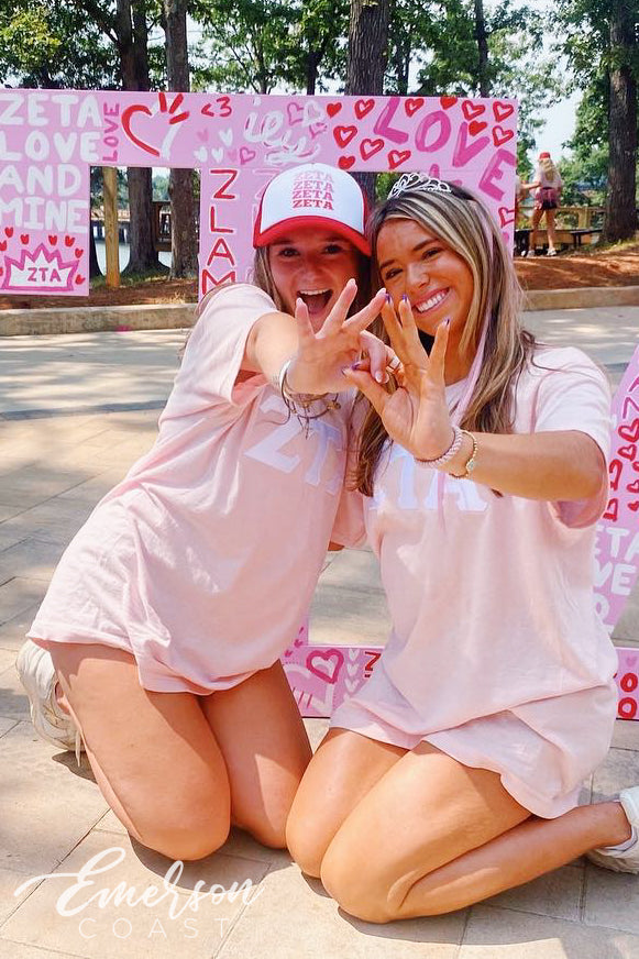 Zeta Tau Alpha Light Pink Stitched Letters Tee