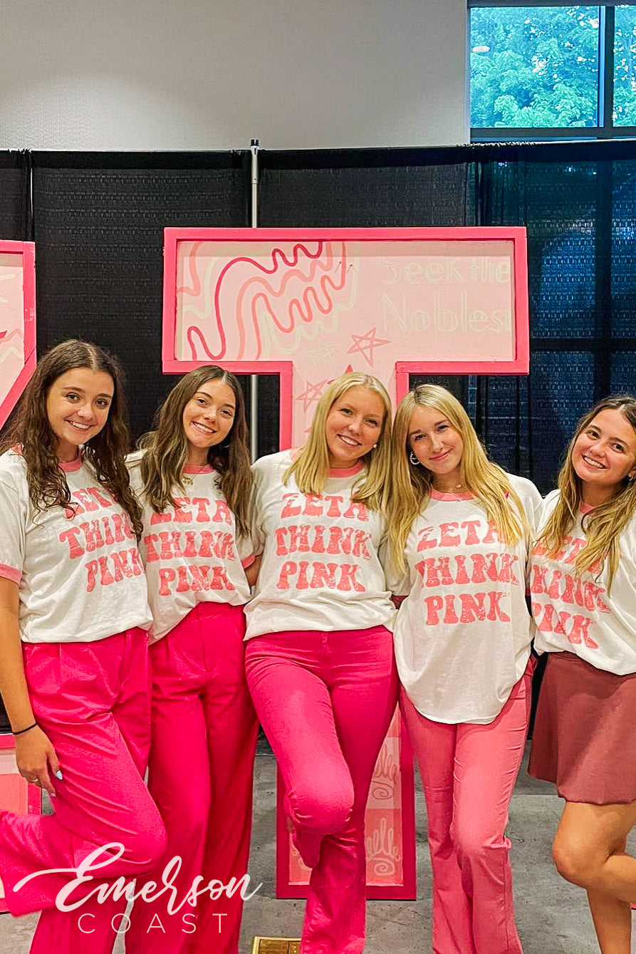 Zeta Tau Alpha White Philanthropy Think Pink Ringer Tee - Emerson Coast