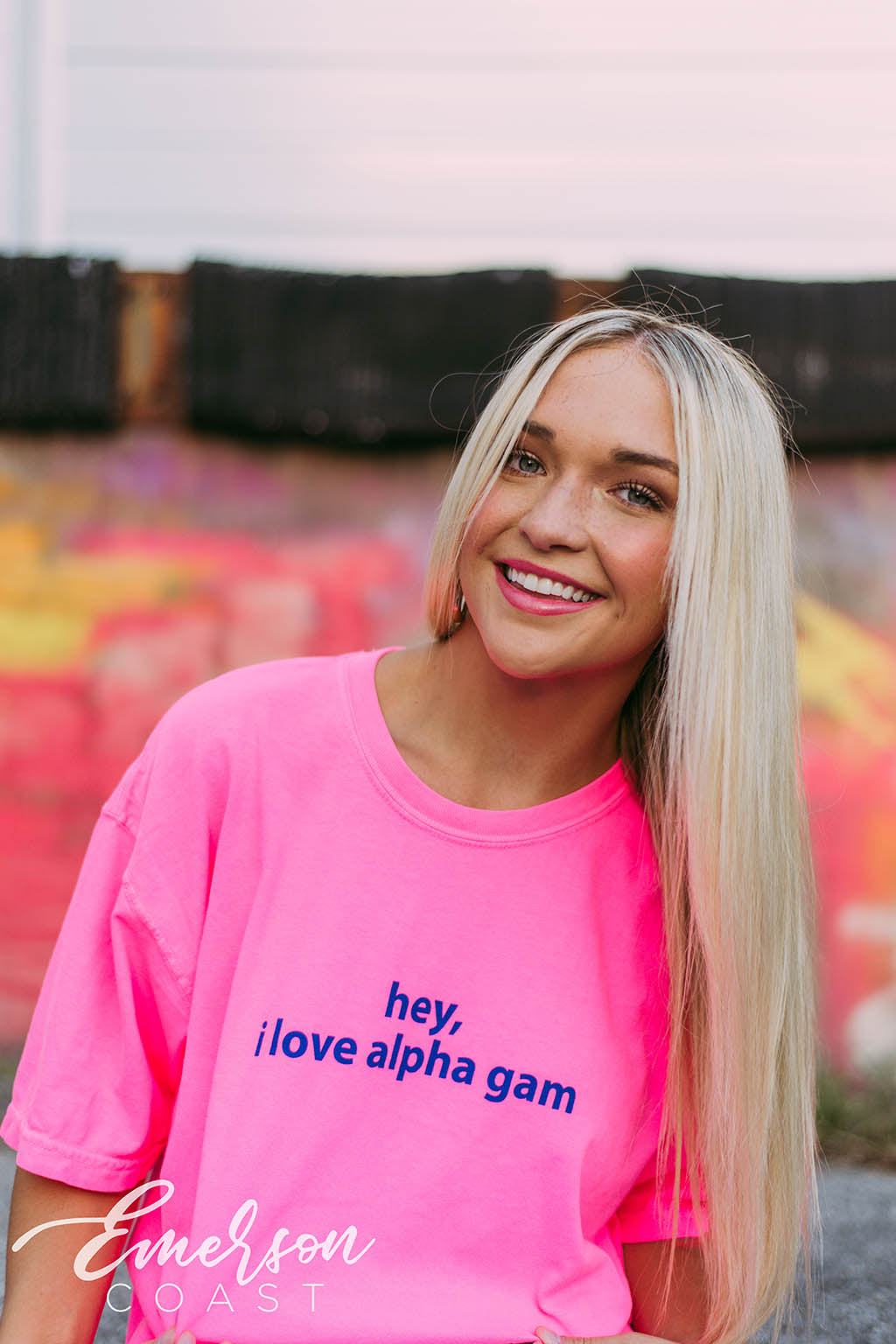 Alpha Gam Hey I Love Alpha Gam Neon Pink Tee - Emerson Coast