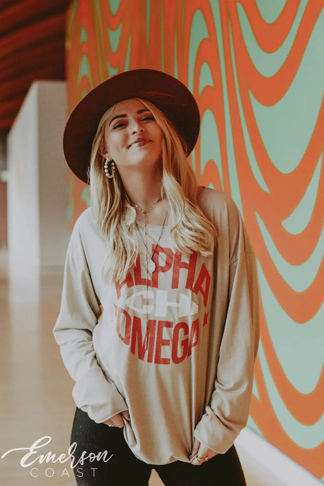 Alpha Chi Omega Raw Neck Long Sleeve Tee