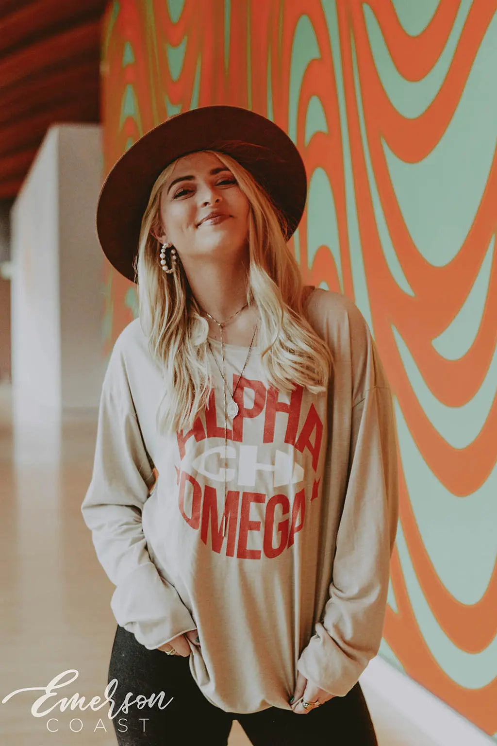 Alpha Chi Omega Raw Neck Long Sleeve Tee