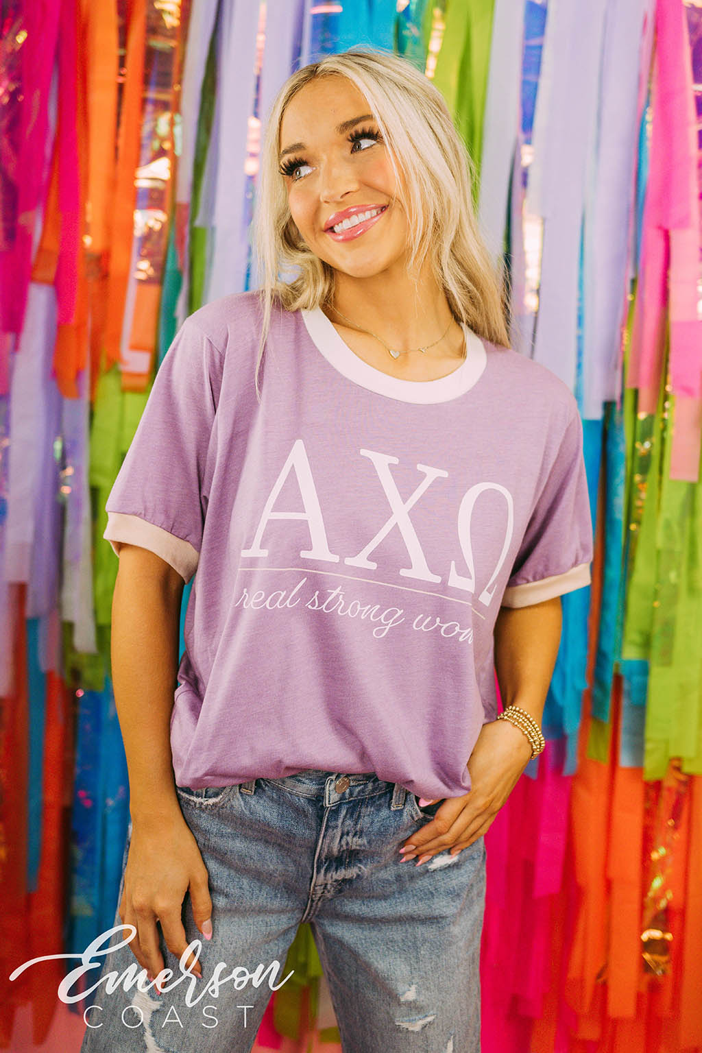 Alpha Chi Omega Philanthropy Real Strong Women Colorblock Ringer Tee