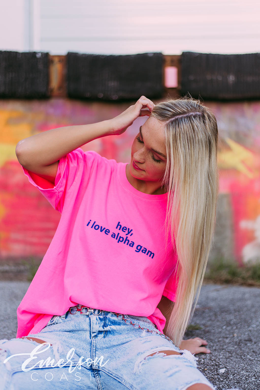 Alpha Gam Hey I Love Alpha Gam Neon Pink Tee - Emerson Coast
