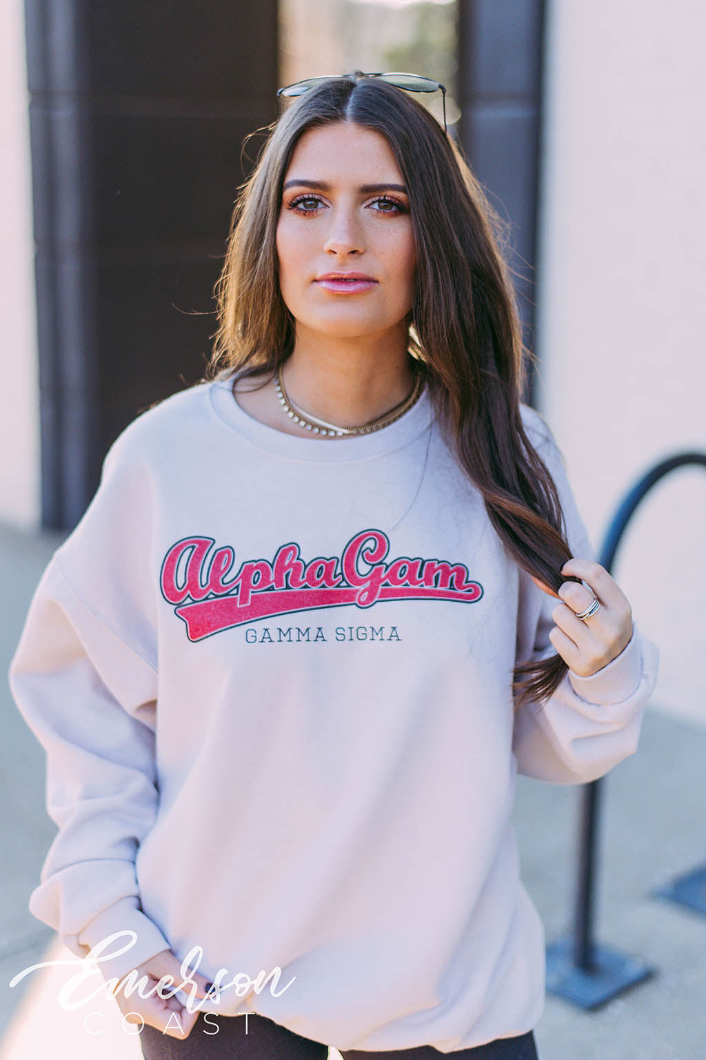 Alpha Gam Collegiate Sand Crewneck - Emerson Coast