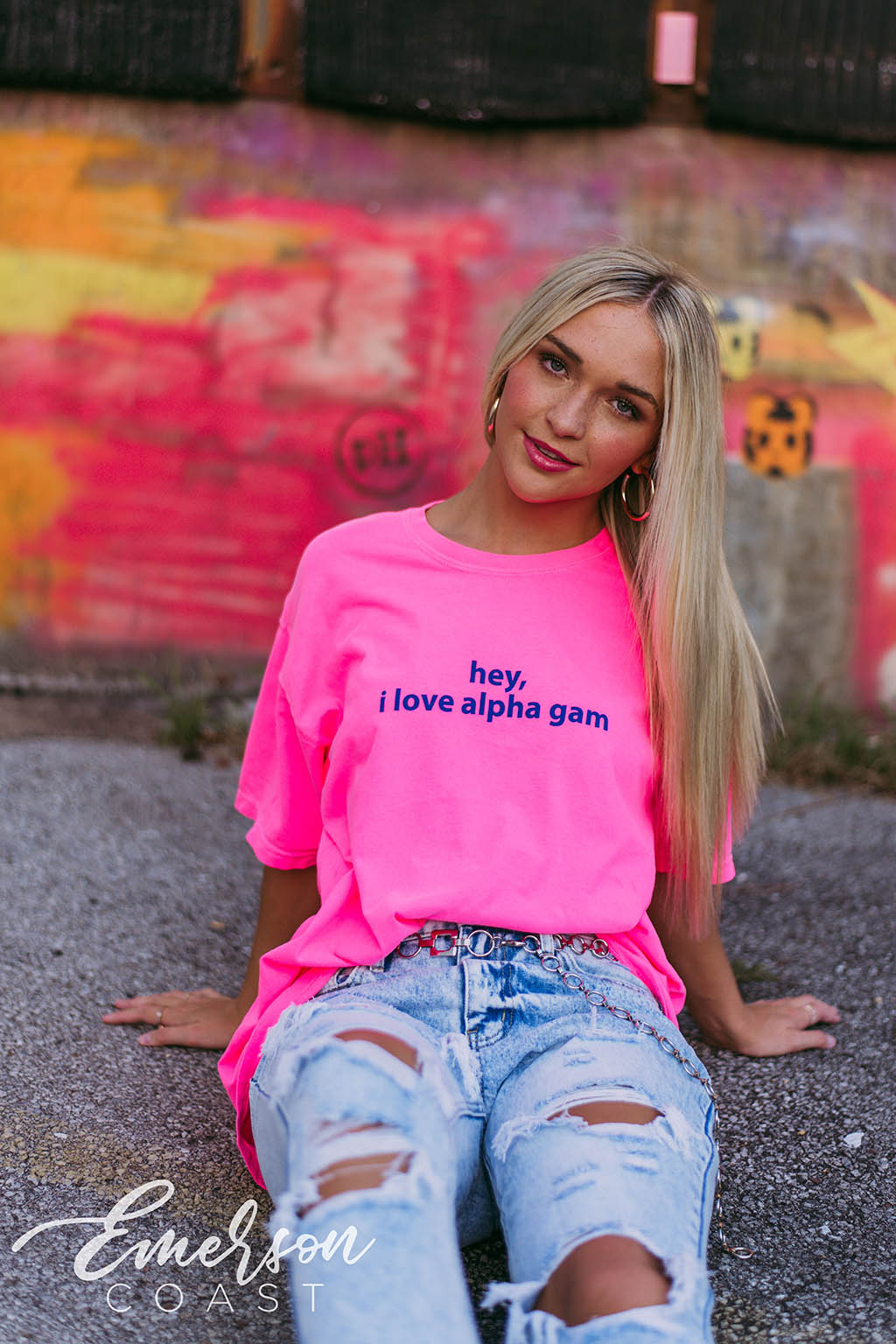 Alpha Gam Hey I Love Alpha Gam Neon Pink Tee - Emerson Coast