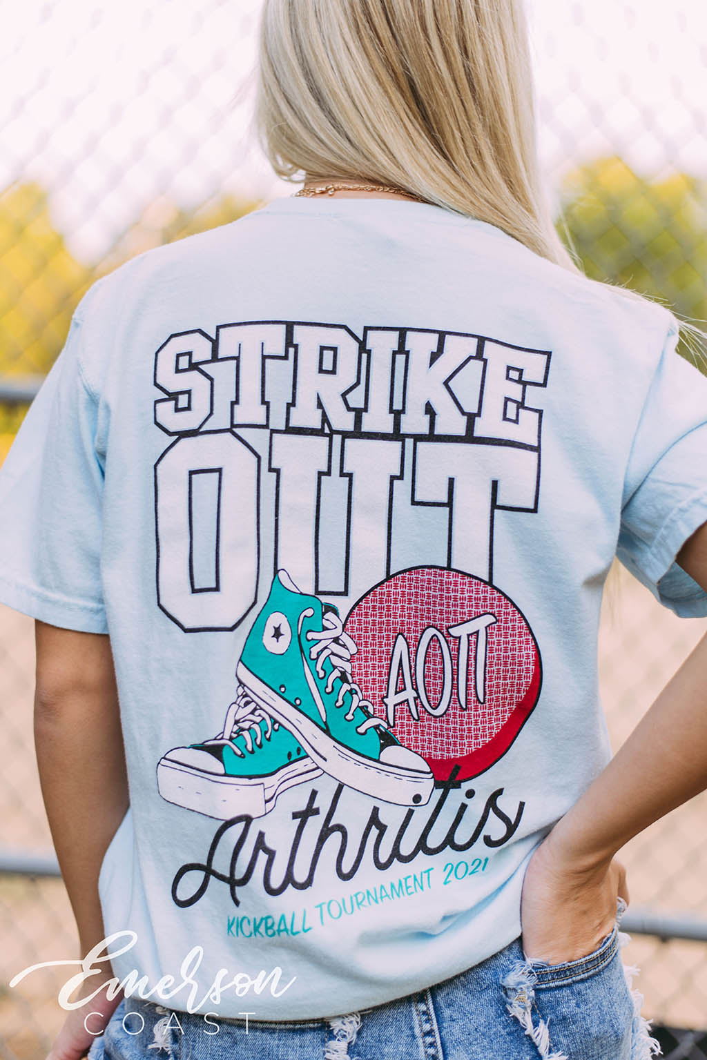 Alpha Omicron Pi Strike Out Arthritis Kickball Tee