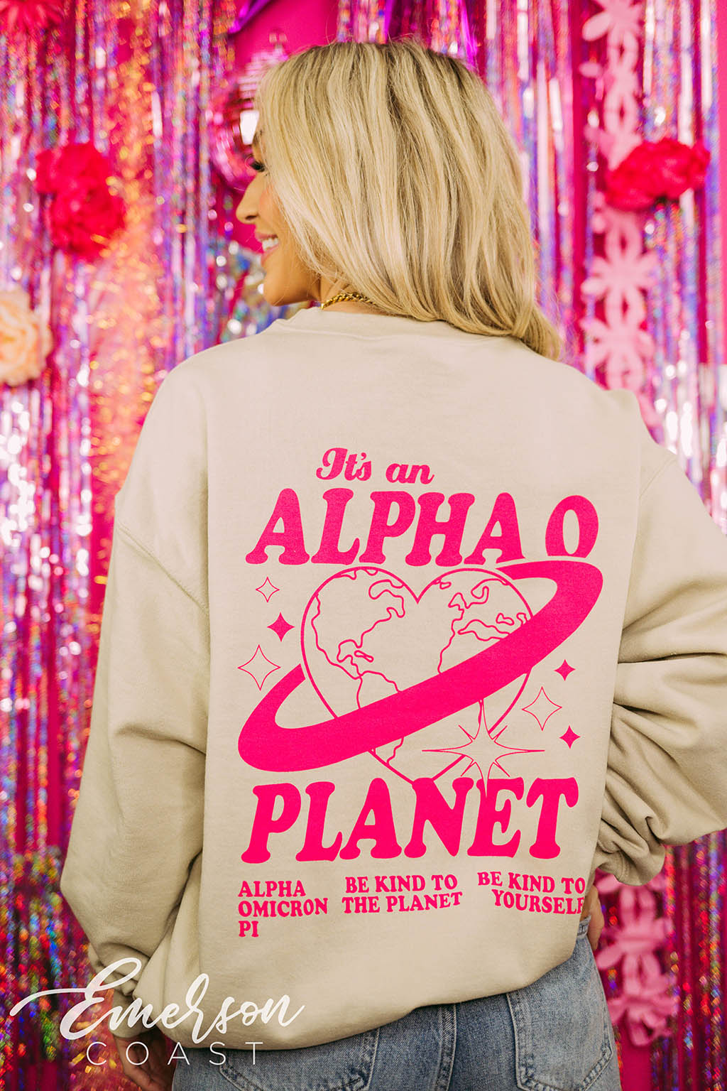 Alpha Omicron Pi PR Planet Alpha O Sand Crewneck