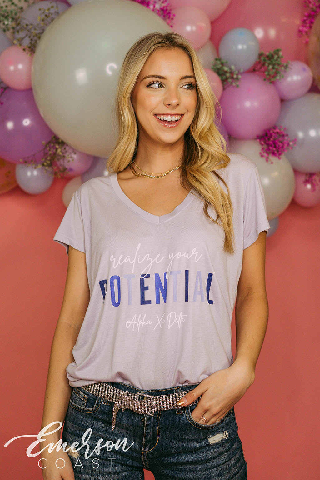 Alpha Xi Delta Realize Your Potential Lavender Vneck Tee