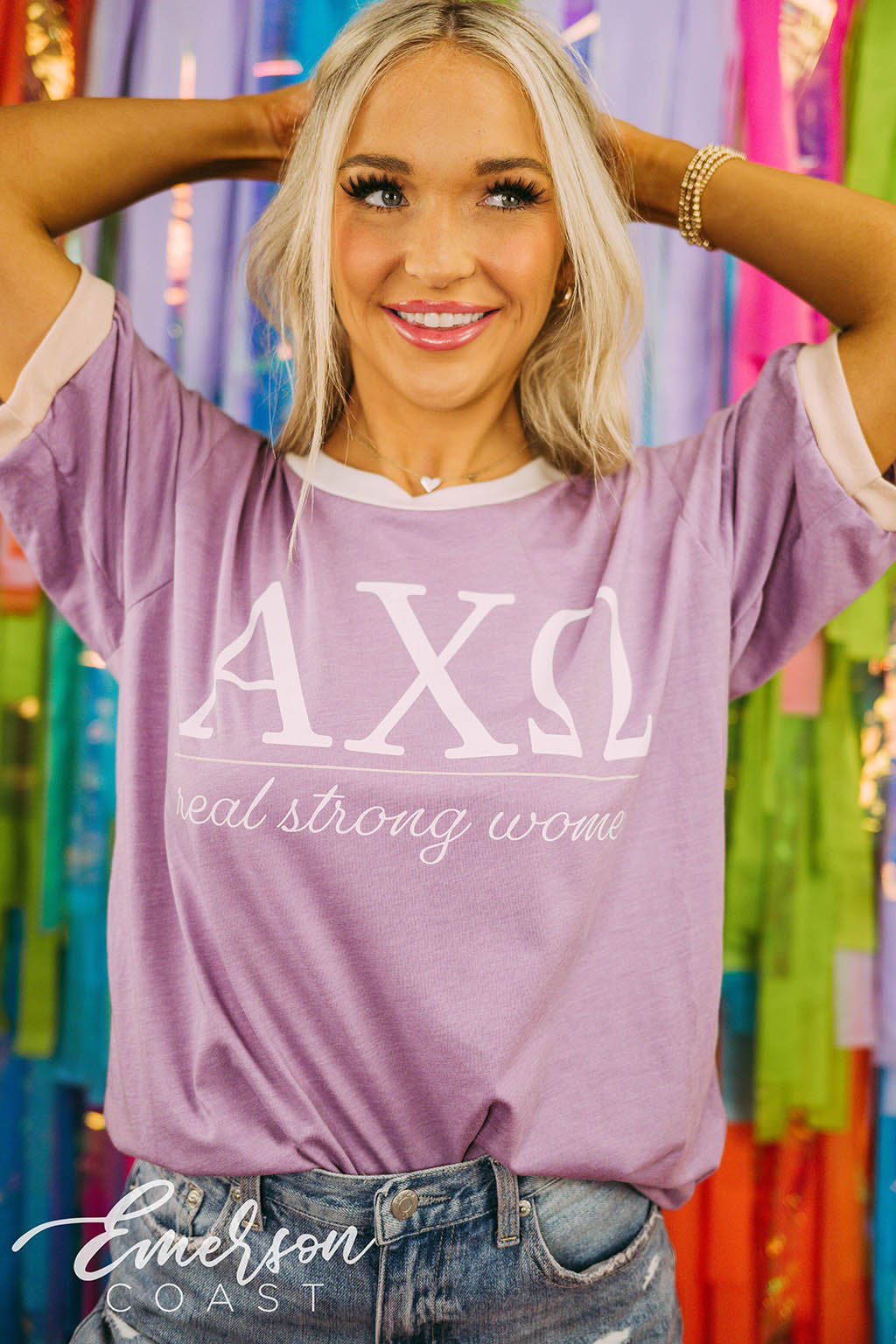 Alpha Chi Omega Philanthropy Real Strong Women Colorblock Ringer Tee