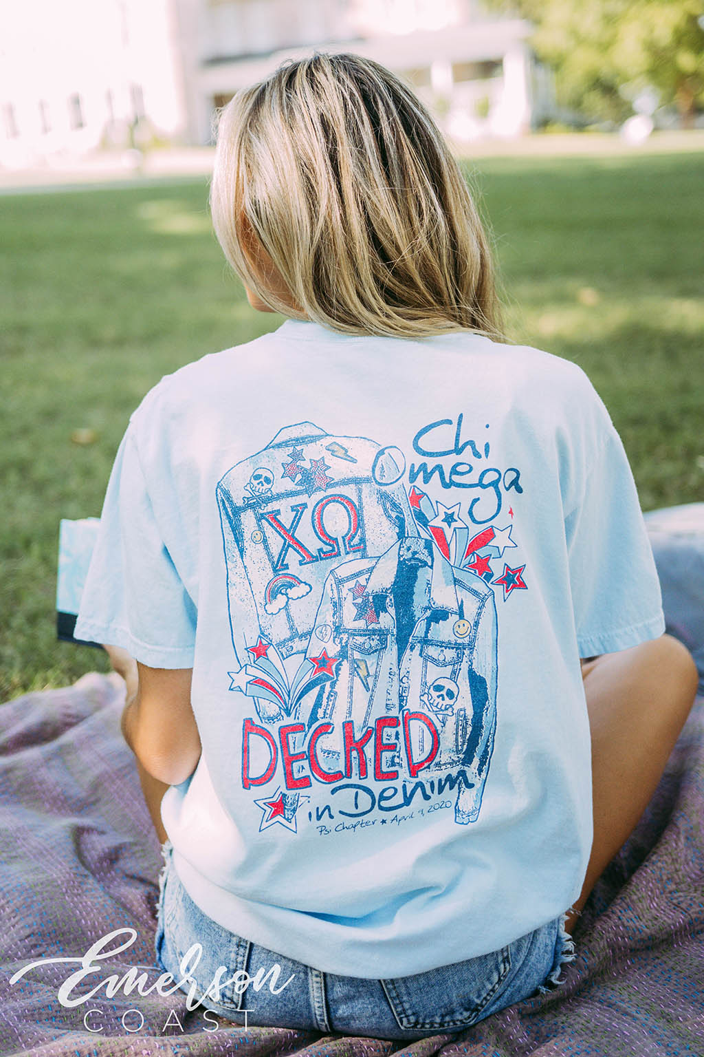 Chi Omega Social Decked In Denim Tee